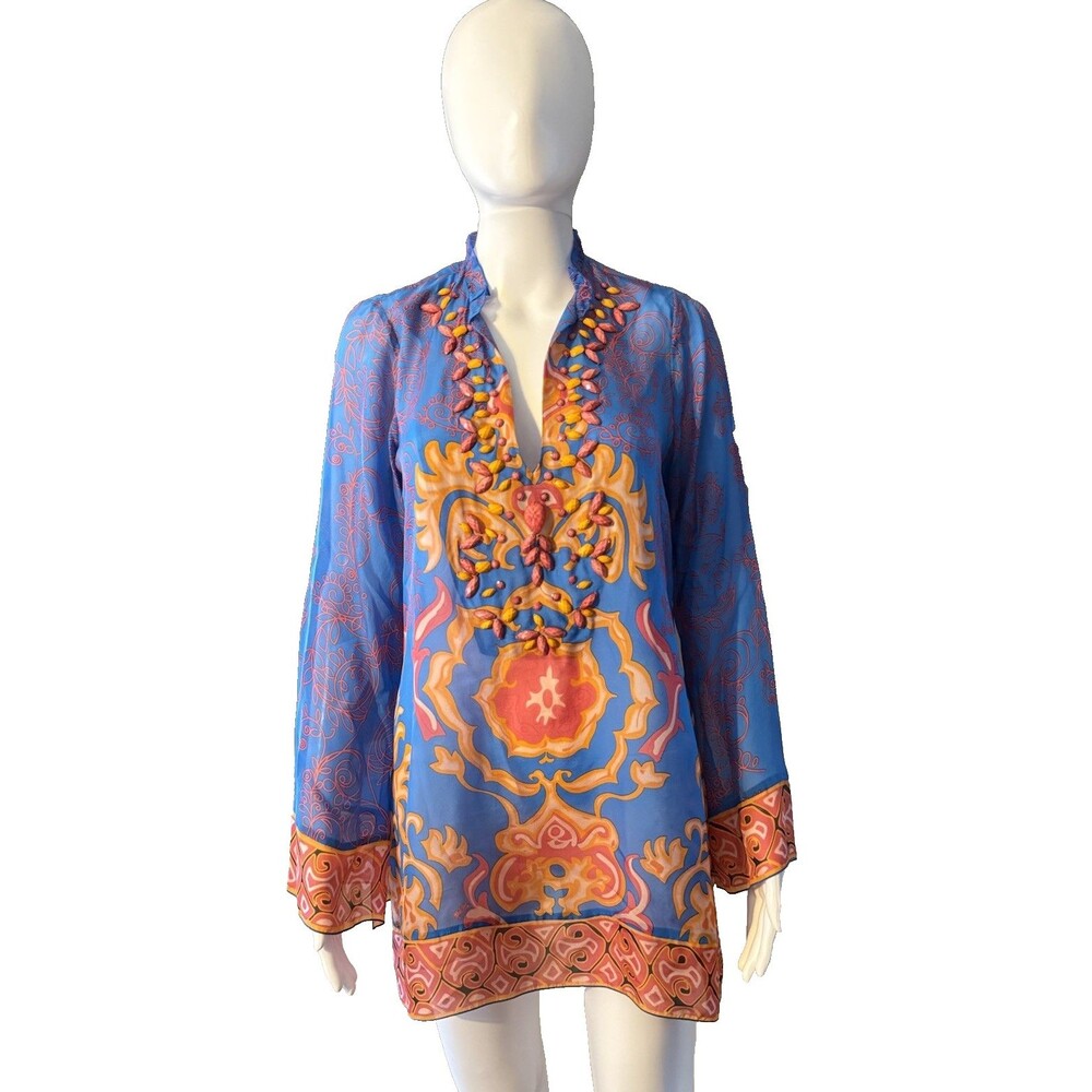Hale Bob Cabana 100% Silk Beaded Beach Tunic Top Tropical Vacation Cover-Up SZ S